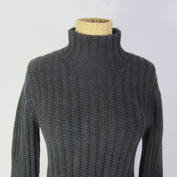 Vtg Theory Women L Charcoal Gray Black LS Wool Textured Rib Mock Neck Sweater - Picture 5 of 10